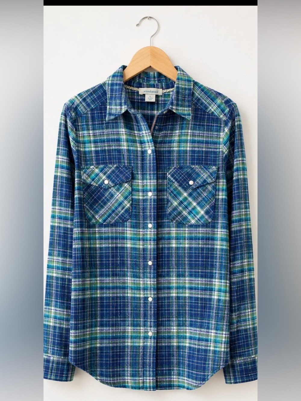 Sundance Large Blue Green Plaid Cotton Snap Front Shirt Boho Western